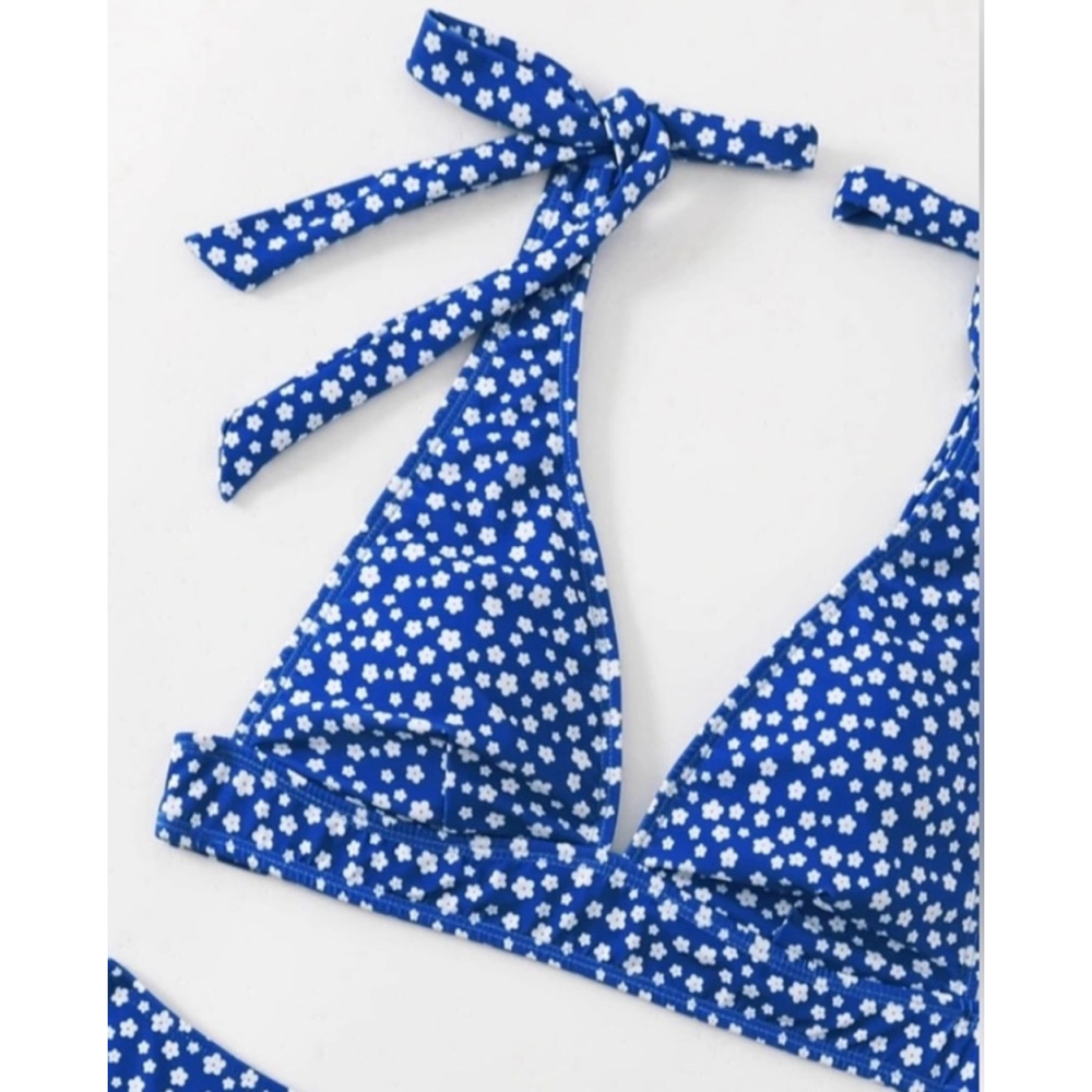 Blue Ditsy Floral Shoulder Ties High Waisted Bikini Set - Picture 4 of 6